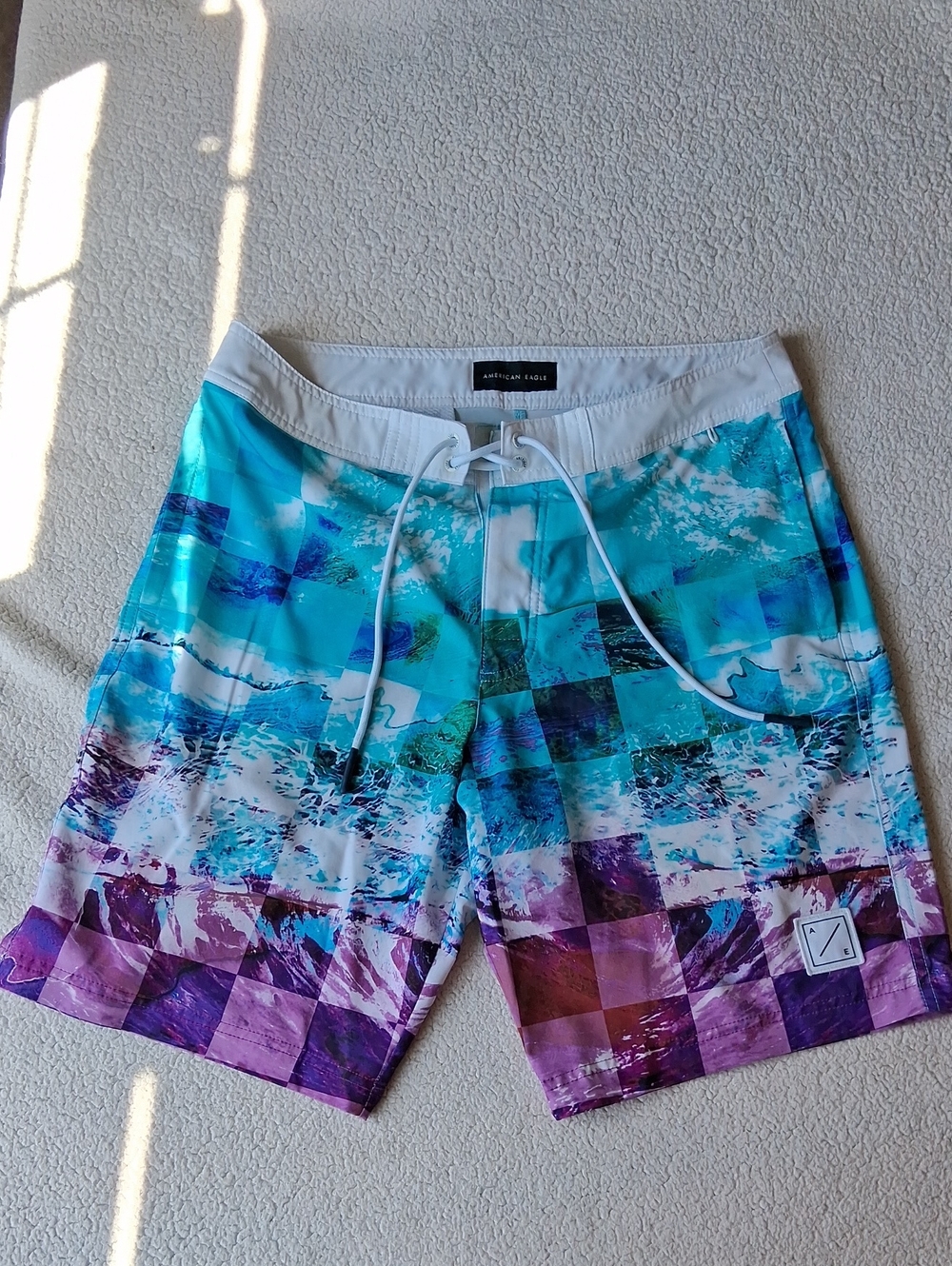 American Eagle Outfitters Turquoise, Teal & Purple Patterned Swim Board Shorts